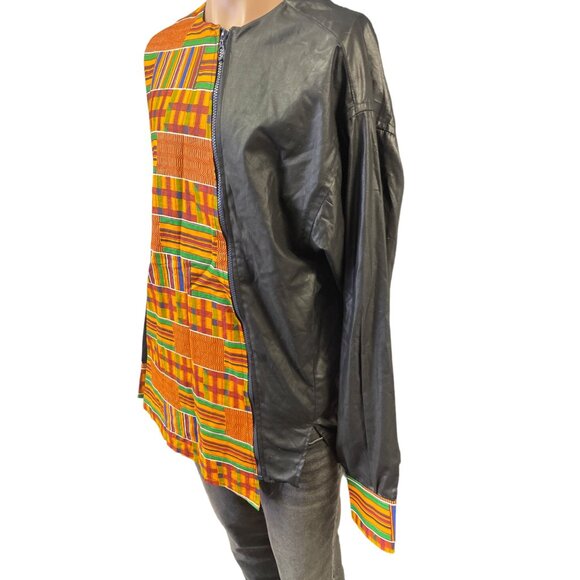 Marchal's Designs Men's Black and African Print Zipper up Shirt Size M SKU 3275 - Picture 3 of 6